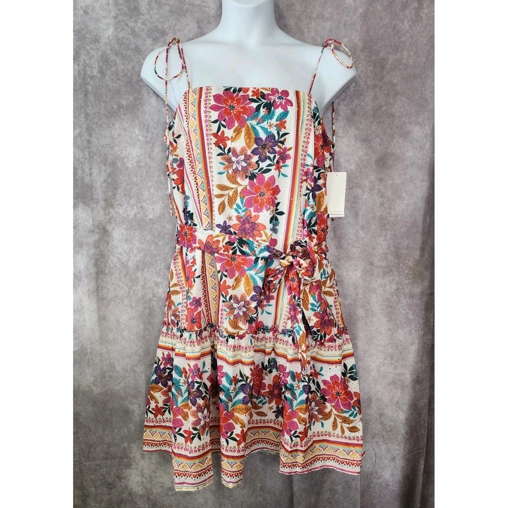Julia Jordan Womens Large Floral Shoulder Tie Strap Tiered Mini Dress Eyelet NEW